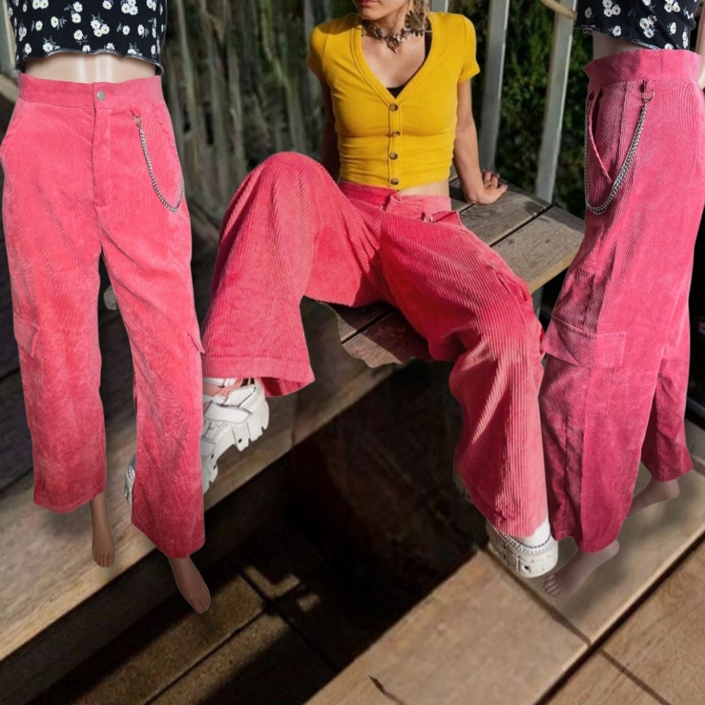 Women's Pink Corduroy High-Rise Flare Leg Silver Chain Detail Cargo Pants
